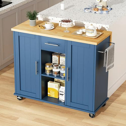 JY QAQA 42" Kitchen Island with Storage on Wheels, Rolling Table with Drop Leaf, Drawers, Cart Handle for Towel Rack or Free Movement, Blue - color: Blue