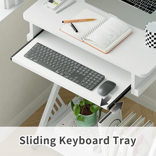 ALISENED 2 Tier Computer Desk with Keyboard Tray, 23.6" Home Office Desk Computer Workstation Rolling Study PC Laptop Table for Small Spaces,Z-Shaped Small Compact Study Table,White - color: White