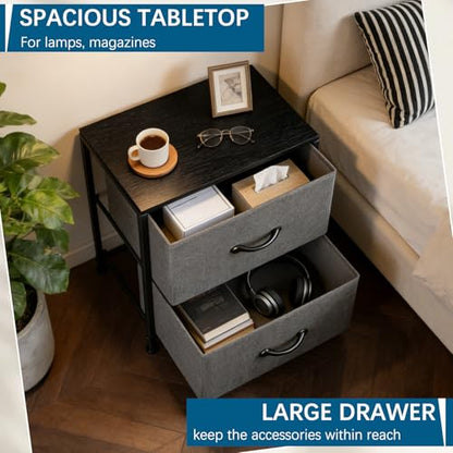 Small Dresser with 2 Drawers Fabric Nightstand for Bedroom Night Stand Bedside Table with Wood Top End Table for Small Space, Apartment, Hallway, Entryway, Metal Frame - color: Grey