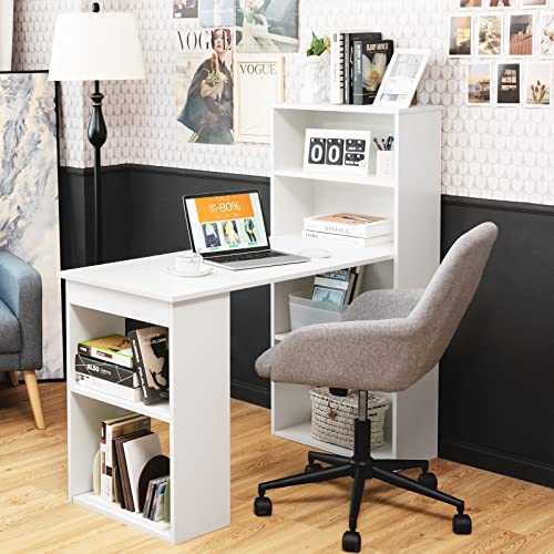 AUGESTER Computer Desk with Bookcase, Desk Bookshelf Cabinet 3 in 1 Functional Table, Compact Computer Workstation with Storage Shelf and CPU Holder, Suitable for Home & Office (White)