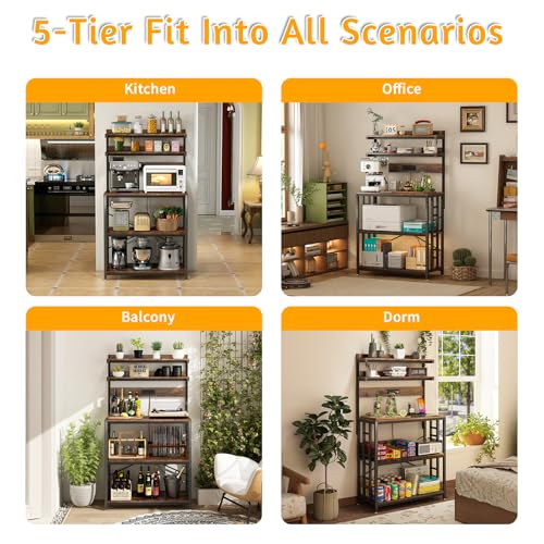 METYERRY Adjustable Bakers Rack with Power Outlet,Coffee Bar Station with Led Lights,Microwave Stand with Storage,5-Tier Kitchen Shelf,Kitchen Storage Rack for Spices, Pots and Pans,Rustic Brown - color: Rustic
