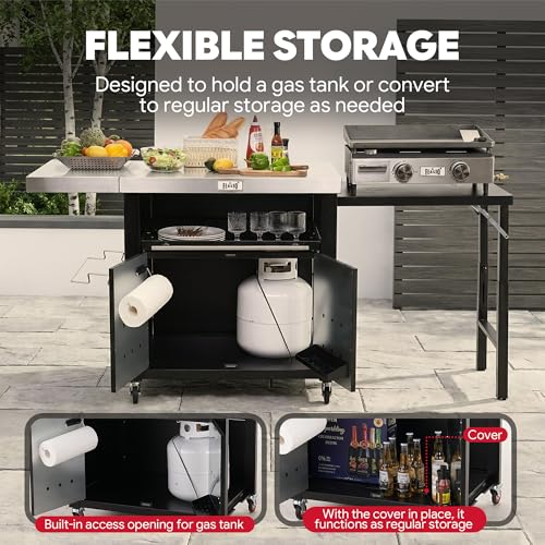 Feasto Outdoor Kitchen Island with Cabinet, 74” x 24” Rolling Grill Table | Grill Table with Stainless Steel Top for Pizza Oven& Griddles, Movable Bar Cart with Pull-Out Plate for Parties & Gathering - size: Large