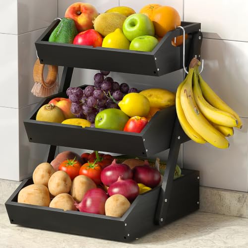 Sevenblue 3-Tier Bamboo Fruit Basket with 2 Banana Holders Black | Large tiered organizer for bread, snacks, veggies. Sturdy bamboo, includes mats & dividers. Easy to assemble. - color: Black, size: 3 Tier