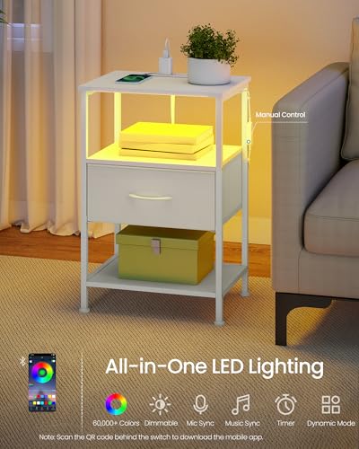 SONGMICS BELLAH Collection - Nightstand with Charging Station and App-Controlled Adjustable LED Lights, Bed Side Table, 1 Drawer and 2 Open Shelves, Modern, Cloud White and Snow White ULGS301WH01S - color: Cloud White + Snow White, size: 1 Drawer