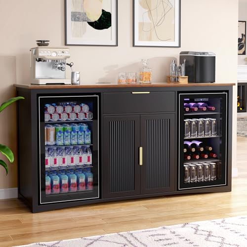 GDLF 70.1" Long Coffee Bar Cabinet with Fridge Space, Modern Wine Liquor Cabinet with Storage & Power Outlet, Buffet Sideboard with Fluted Doors for Home, Black - color: Black, size: 70.1"