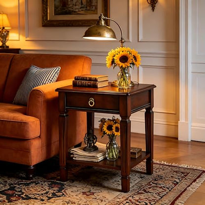 Small End Table with Drawer and Storage Shelf, Traditional Square Sofa Side Table with Straight Carved Legs, 2-Tier Bedside Tables Nightstand in Dark Cherry,17.7" Dx21.9 H - size: 1P