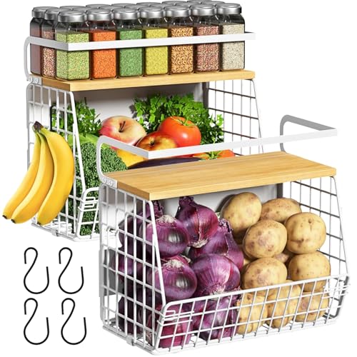 Ofiray-home Magnetic Fridge Shelf with Wood Lid, Fruit Potato Onion Storage Bins, Pantry Organizers, Large Container Spice Rack for Refrigerator, Kitchen Counter, Cabinet (2, White) - color: White, size: 2-Regular
