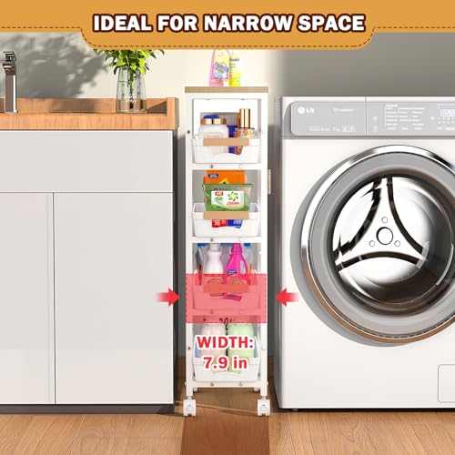 SUNALLY Slim Storage Cart with Pull-Out Baskets, 5-Tier Rolling Kitchen Cart with Wooden Top & Lockable Wheels, Narrow Space Utility Cart Organizer for Kitchen, Bathroom, Laundry Room, White - color: White