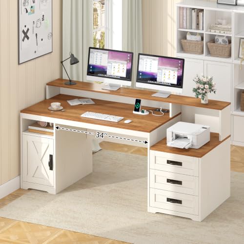 65" Farmhouse Computer Desk with Drawers and Printer Stand for Home Office | Office Desk with Power Outlets and Storage Cabinet, Study Writing Desks with Long Monitor Stand, Brown and White - color: Brown and White