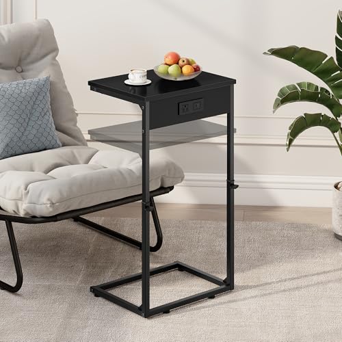 Vagusicc C Shaped End Tables Set of 2 with Charging Station, 33.2'' Tall C Table Adjustable Height Side Table, Small Side Table for Small Spaces, Couch Sofa Table TV Tray for Living Room, Black - color: Black (2 Pack), style: With Plug