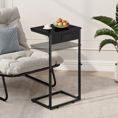 Vagusicc C Shaped End Tables Set of 2 with Charging Station, 33.2'' Tall C Table Adjustable Height Side Table, Small Side Table for Small Spaces, Couch Sofa Table TV Tray for Living Room, Black - color: Black (2 Pack), style: With Plug