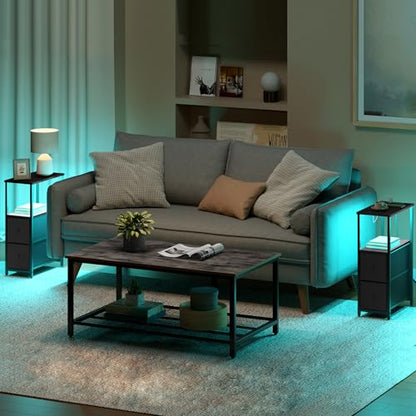 TUTOTAK Small Narrow LED End Table with Charging Station, Side Table Outlets, Nightstand with 2 Cloth Drawers, Set of 2, Couch Table, for Living Room, Bedroom, Bedside, Black TB01BK056 - color: Black, style: 2 Drawers with Plug & Light