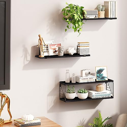 Fixwal 3+1 Tier Bathroom Floating Shelves Over Toilet, Black | Black Wood Shelf Set with Toilet Paper Storage Basket, Natural Finish, 40Lb Weight Limit, Quick Mount, Versatile - color: Black