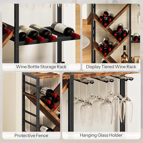 HOOBRO Liquor Cabinet Bar, Wine Rack Freestanding Floor, 3-Tier Wine Rack with Glass Holder, Liquor Bar Cabinet, Mini Bar Table with Bottle Display Rack for Home Bar, Rustic Brown and Black BF36JJ01