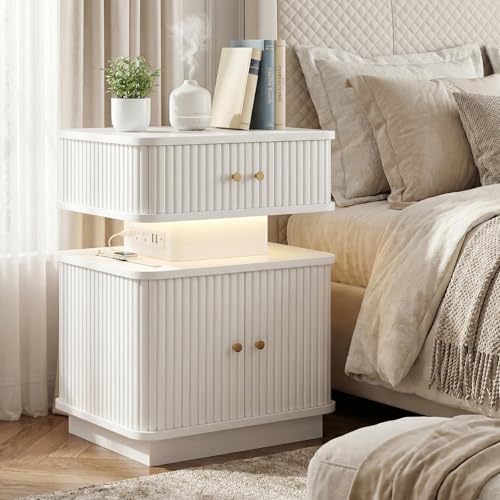Night Stand, LED Nightstand, Modern Nightstand with Charging Station, Night Stand with 2 Drawers and Sliding Door, Curvy Edge, Small Bedside Table for Bedroom, White - color: White