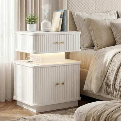 Night Stand, LED Nightstand, Modern Nightstand with Charging Station, Night Stand with 2 Drawers and Sliding Door, Curvy Edge, Small Bedside Table for Bedroom, White - color: White