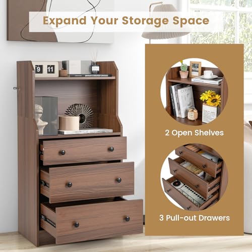 LDAILY Moccha 3 Drawers Dresser with Shelf, Modern Dresser Tower with 2 Open Shelves, Chest of Drawers with Anti-toppling Device, Tall Storage Dresser Nightstand, Living Room, Walnut - color: Walnut