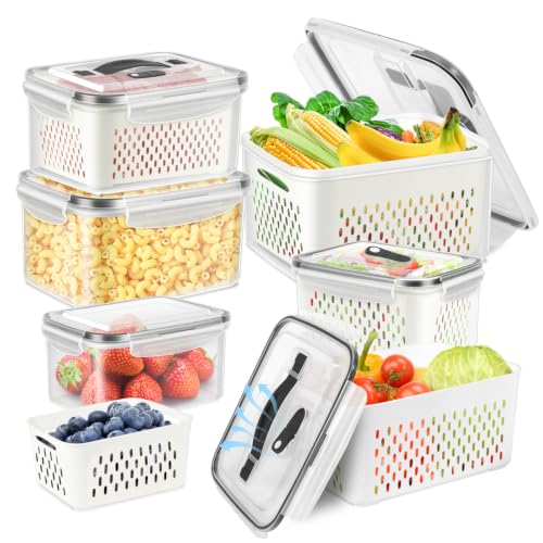 5 Pack Fridge Fruit Storage Containers with Colander, Vent and Handle | BPA Free Plastic, Airtight Stackable Refrigerator Organizer Bins for Berry, Meat, Vegetable - color: 5 Sets/10 Pcs - S -V-H