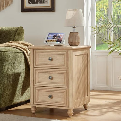 RWYHG 18" Nightstands Set of 2 with Charging Station & 3 Drawers | Farmhouse Modern Night Stand, Bedside Table with Metal Handle, Bed Side End Tables for Bedroom Living Room (Natural) - color: Natural, size: 18"D x 18"W x 24"H (3 Drawers)