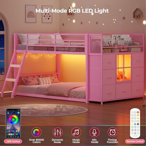 BTHFST Low Bunk Bed Twin Over Twin with 7 Large Fabric Drawers & Bookshelf, Metal Bunk Bed with RGB LED Lights & Slanted Ladder & Safety Guardrail, Space-Saving Kids Low Loft Bed Twin, Pink - color: Pink