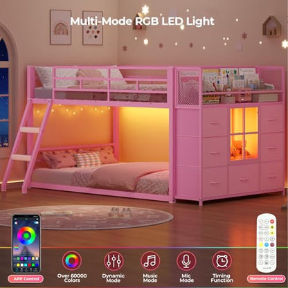 BTHFST Low Bunk Bed Twin Over Twin with 7 Large Fabric Drawers & Bookshelf, Metal Bunk Bed with RGB LED Lights & Slanted Ladder & Safety Guardrail, Space-Saving Kids Low Loft Bed Twin, Pink - color: Pink