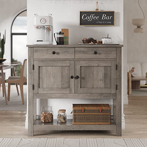 HOSTACK Farmhouse Console Table with Storage, 35"W Entryway Table, Ash Gray | Entry table with 2 Drawers & 2-Door Storage Cabinet, Sofa Buffet Table Sideboard for Kitchen, Hallway, Dining / Living room - color: Ash Gray