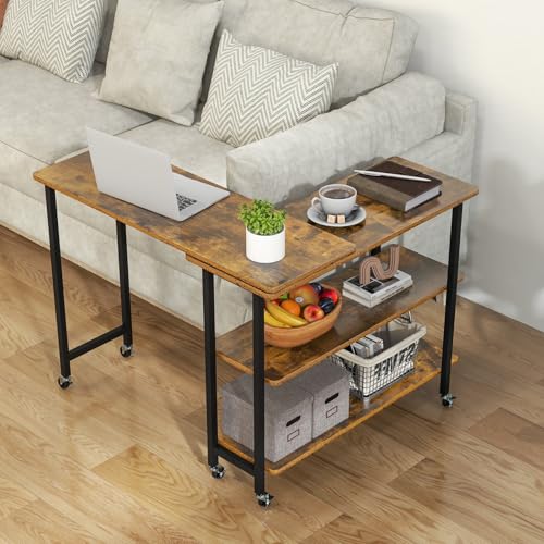 Tangkula 360° Rotating Sofa Side Table, Patented Mobile End Table with 2-Tier Storage Shelves, Swivel Rolling Desk with 6 Lockable Wheels, Metal Frame, Movable Laptop Table Couch Snack Table for Home - color: Brown, size: Medium