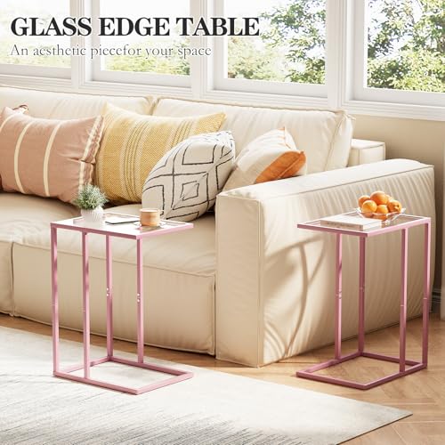 C Shaped End Table Set of 2, Small Side Couch Sofa Tables for Living Room,Glass Tv Tray Snack Dinner Table with Metal Frame, Easy Assembly (Pink) - color: Pink