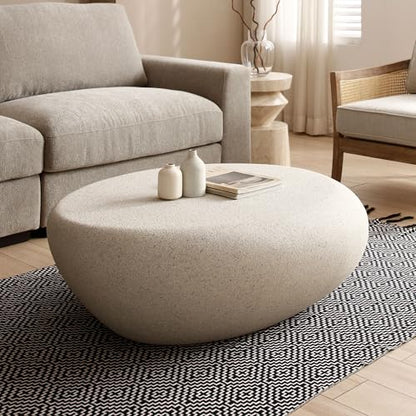 43.3" Faux Stone Coffee Table Modern Unique Coffee Table Oval Center Tables Round Edge Design Fiberglass Oval Accent Tables for Living Room Office Apartment No Assembly, Cream White - color: Fiberglass Oval-cream White