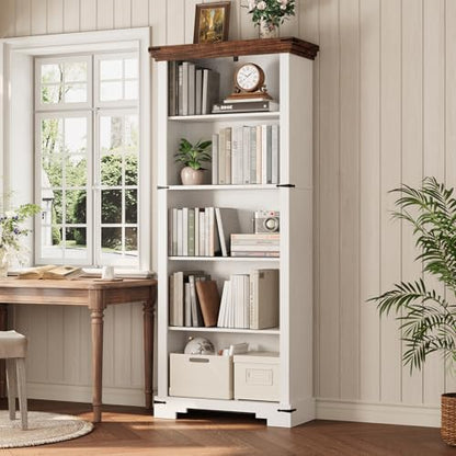5-Tier Farmhouse Bookshelf, 61.1 inch Tall Bookcase with Storage & Unique Design & One Adjustable Shelf, Wooden Bookshelf for Study Room, Living Room, Home Office, Bedroom (White) - color: White