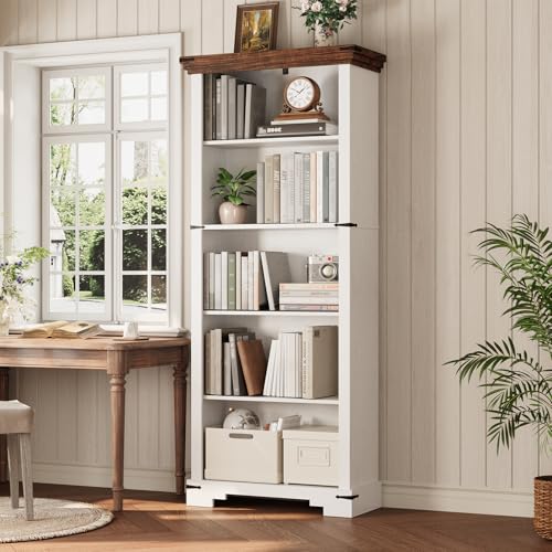 5-Tier Farmhouse Bookshelf, 61.1 inch Tall Bookcase with Storage & Unique Design & One Adjustable Shelf, Wooden Bookshelf for Study Room, Living Room, Home Office, Bedroom (White) - color: White