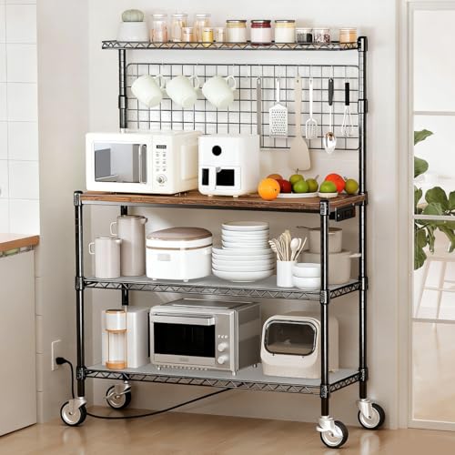 Bakers Rack with Power Outlet & Storage,36In Microwave Stand Kitchen Cart | 4-Tier Metal Kitchen Shelves Cart with Wheels & 20 S-Hooks for Kitchen, NSF Certified, 63 x 18 x 36 Inch-Black - color: With Power Outlet-black, size: 63 x 18 x 36 Inches