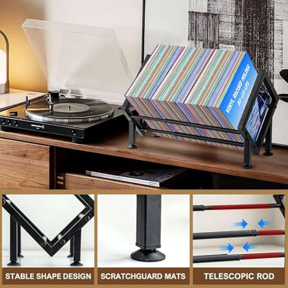 Expandable Desktop Bookshelf Organizer, Metal Office Tabletop Book Storage Rack, Large Tilting Bookcase for Books/CDs/Magazine Display, Desk Shelf for Top of Desk in Living Room, Home, Office (Black)