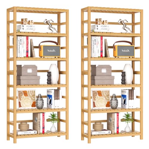 VASMIA 6-Tier Bamboo Shelf Set of 2,Bamboo Storage Shelving Unit,Tall Bookcase with Adjustable Shelves,Multipurpose Storage Display Shelf for Bathroom, Living Room, Balcony, Kitchen,Natural - color: Natural, size: 6-Tier-2 Packs