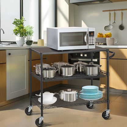 Finnhomy 3 Tier Heavy Duty Commercial Grade Utility Cart with Wood Top, Wire Rolling Cart with Wheels and Handle Bar, Kitchen Carts on Wheels, 18x36x35.4 H Metal Cart with 600 LBS Capacity, Black - style: 36“L Black