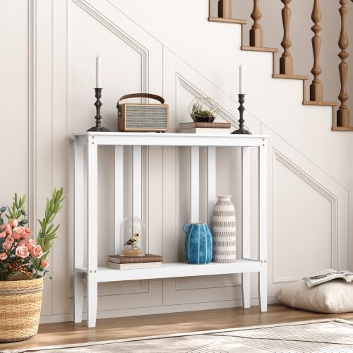 ELYKEN Bamboo 2-Tier Narrow Console Table, 36.2" Long Slim Hallway Table | Sofa Table Behind Couch with Storage Shelf for Entryway, Living Room, Foyer - color: White