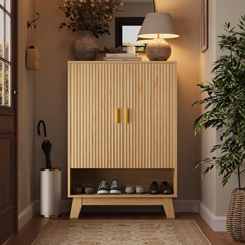 4-Tier Fluted Shoe Cabinet with 2 Doors & Open Shelf, Mid Century Modern Shoe Storage Organizer with Adjustable Shelves, Metal Handles & Wood Legs, Hidden Shoe Rack for Entryway, Hallway - color: Oak, style: 2 Doors & Open Shelf