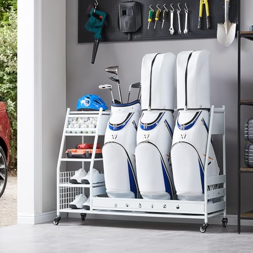 Lauren&Harold Golf Bag Organizer Garage Storage, Golf Storage Rack Stand Fits 2 Golf Bags, Golf Clubs and Other Golfing Equipment Accessories, Golf Organizer for Garage, Club, Shed, Basement - color: White, size: Large