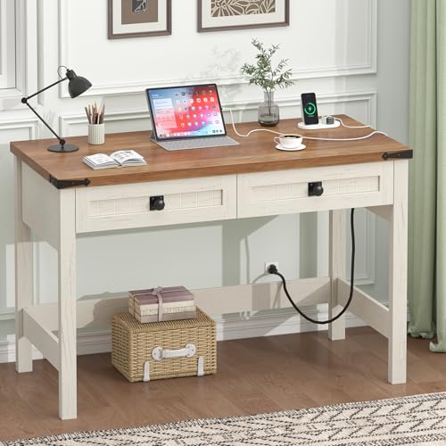 39 Inch Farmhouse Small Computer Desk with Drawers for Bedroom, Home Office | Small Office Computer Desk with 2 Drawers & Power Outlets, Compact Writing Study Desk for Small Spaces, Antique White - color: Antique White
