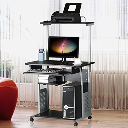 Topeakmart Compact Rolling Computer Cart with Keyboard Tray & Shelf, Black | Space-saving footprint, printer shelf, keyboard tray, smooth-rolling wheels, lightweight steel frame, for dorm, bedroom. - color: Black