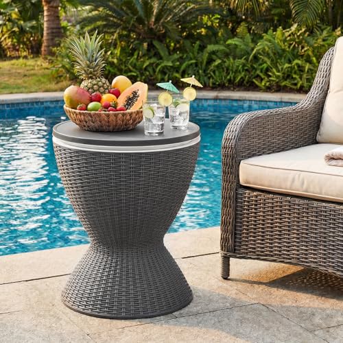Tangkula Outdoor Cooler Table, Multi-Functional Cooler Bar Table, Adjustable Height Ice Cooler Side Table w/Drain Plug, 8 Gallon Beer & Wine Cooler, Rattan Style Patio Furniture for Pool Parties - color: Grey