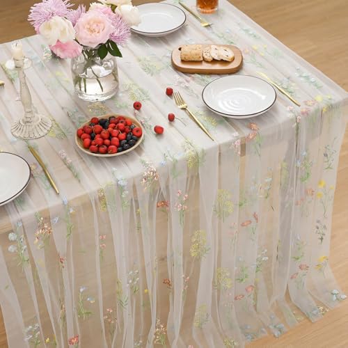 Horaldaily Embroidery Flower White Tablecloth 60×60 Inch Square | Spring Summer Gauze Tablecloth, Seasonal Tulle Table Cover, Garden Party Decor, Resuable,Washable - color: White, size: 60" x 60" (Square)