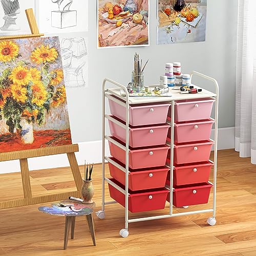 Moccha 10-Drawer Rolling Storage Cart - Under Desk Storage Drawers with wheels for Craft Art Supply Paper Salon, Scrapbook Paper Tools, Mobile Utility Cart for Classroom, Gradient Pink - color: Gradient Pink, style: 10 Drawers