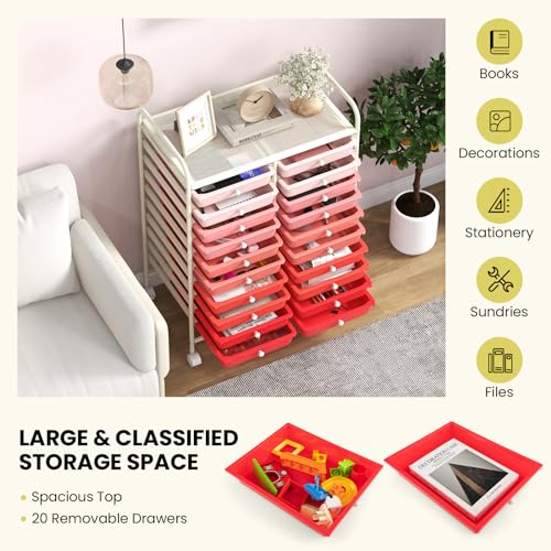 DREAMADE Rolling Cart with Storage Drawers, Utility Cart with Removable Plastic Drawers, Lockable Wheels, Art Cart for Classroom Organization Art Supplies Office Scrapbook (20 Drawers, Mixed-pink) - color: Mixed-pink, style: 20 Drawers