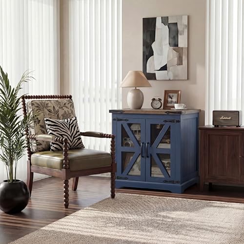 Farmhouse End Table, 24" Large End Tables with Storage, Rustic Square Sofa Beside Table with Glass Barn Door, Wood Side Table Square Nightstand for Living Room, Bedroom, Office (Misty Blue) - color: Misty Blue