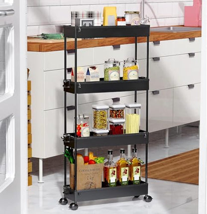 SPACEKEEPER Slim Rolling Storage Cart 4 Tier Bathroom Organizer Cart Mobile Shelving Unit Slide Out Utility Cart for Kitchen, Bthroom, Makeup, Craft, Laundry Narrow Places, Black - color: Black
