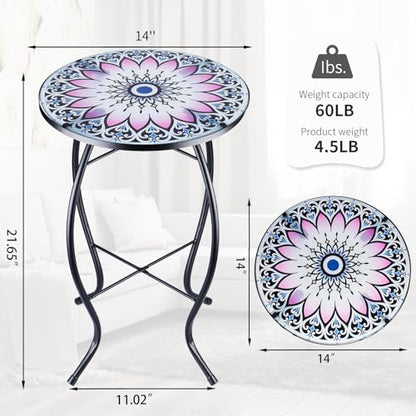 VCUTEKA Outdoor Side Table Mosaic End Table Patio Side Table Small End Tables Glass Top Round Balcony Coffee Porch Indoor Glass Top Flower 14'' - color: Flower