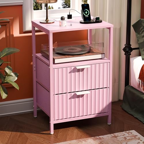 VINGLI Pink Nightstand with Charging Station and Fabric Drawers, Fluted Nightstand with Drawers, Night Stand Pink Bedside Table with Charger Station for Bedroom, Kids Room, 14.96" W*11.81" D*23.78" H - color: Pink, size: 15"W-2 Drawer 1 Shelf