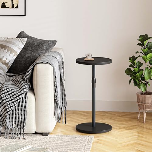 Adjustable Round Side Table, Small End Table, Pedestal Drink Table for Small Spaces, Tall Round Nightstand for Living Room Bedroom Sofa Couch, Black Wood Grain ET-010BW - color: Black Wood Grain