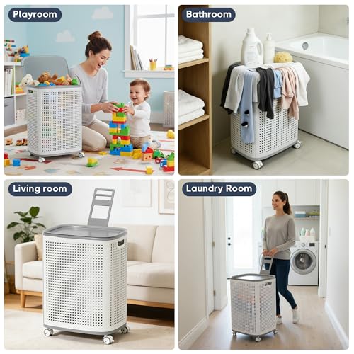 Sufdari 90L Laundry Basket with Wheels, Rolling Laundry Hamper with Lid and Handles, Plastic Rattan Clothes Organizer, Dirty Clothes Basket for Laundry Room, Bedroom, Dormitory Storage